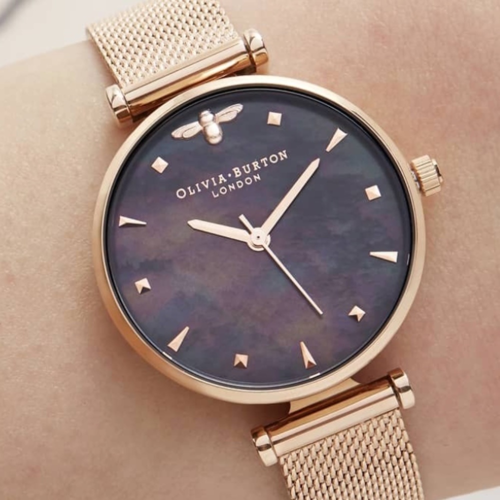 Olivia Burton rose gold + black pearl watch